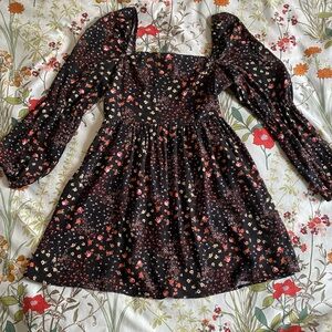 Forever 21 Black Floral Long-sleeved Smocked Dress